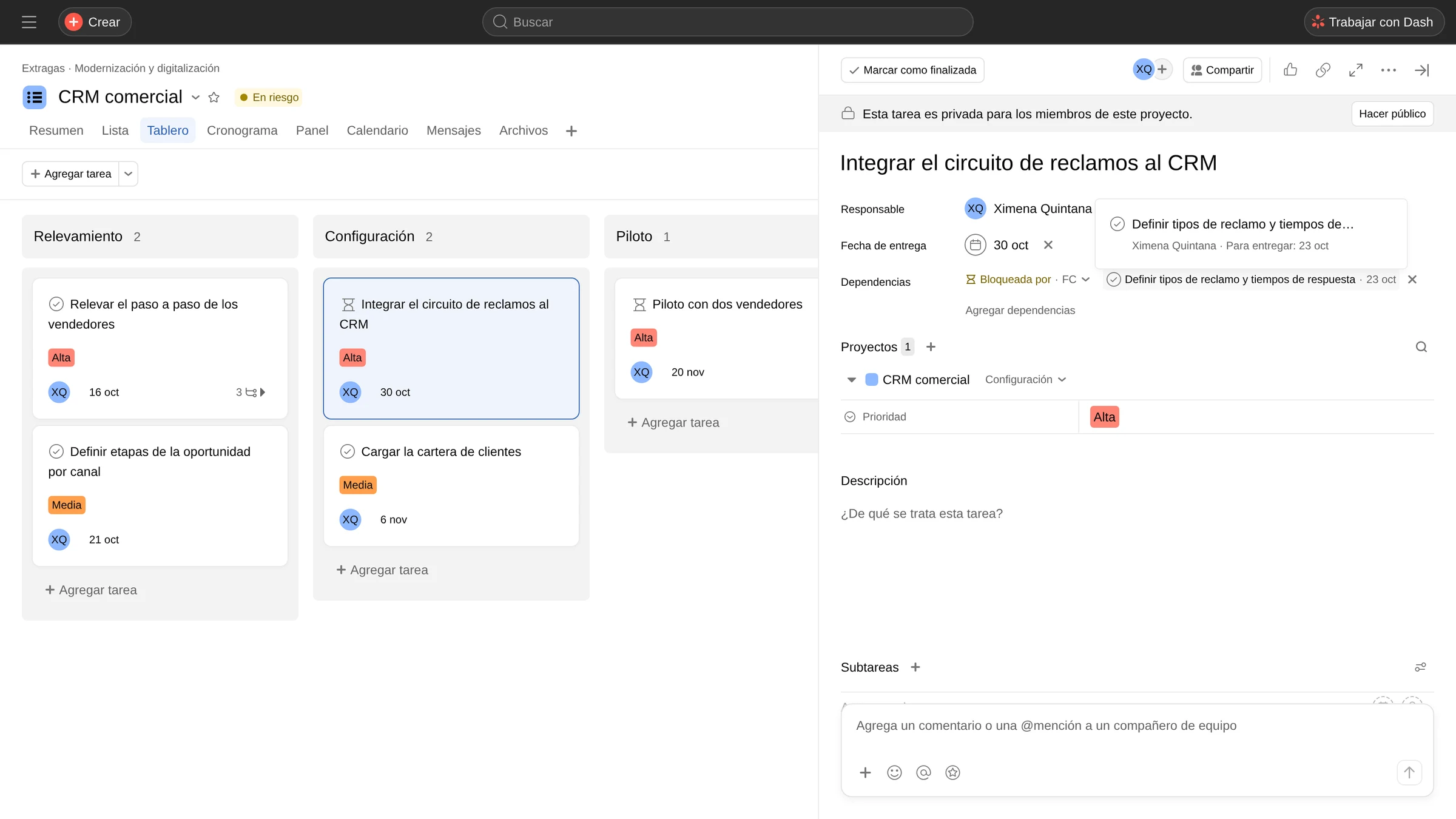 Tarea Integrar el circuito de reclamos al CRM, con entrega el 30 de octubre, bloqueada por Definir tipos de reclamo y tiempos de respuesta, que vence el 23 de octubre